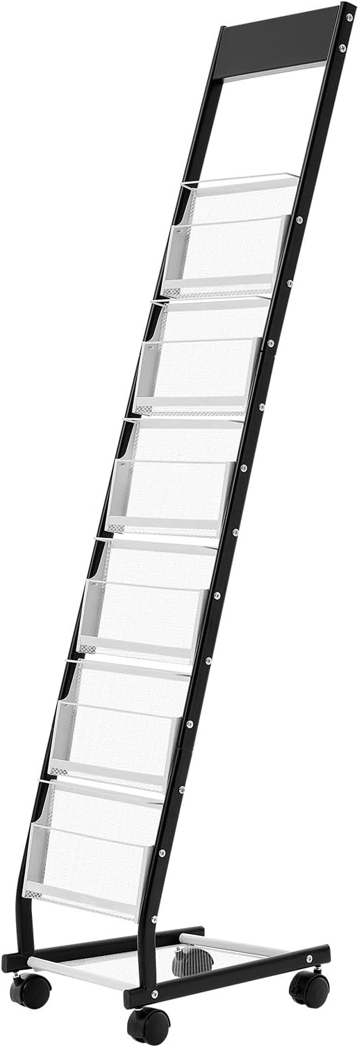 VEVOR Brochure Display Rack, Narrow 6-Tier Magazine Literature Display Stand with Wheels, Metal Floor Standing Magazine Rack, Movable Newspaper Catalog Holders for Shop Exhibitions Office (6 Pockets)