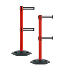 Montour Line MSR630D Set of 2 Retractable Belt Barrier Stanchion, Heavy-Duty Rubber Base, Red Post (9 ft Black with White Horizontal Stripe Dual Belt)