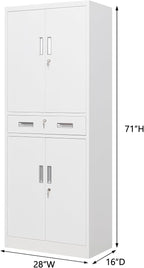 Metal Storage Cabinet, 71" H x 28" W x 16" D Locking Storage Cabinet with Adjustable Shelves and One Drawer for Office, Garage, Home, School, Utility(White)