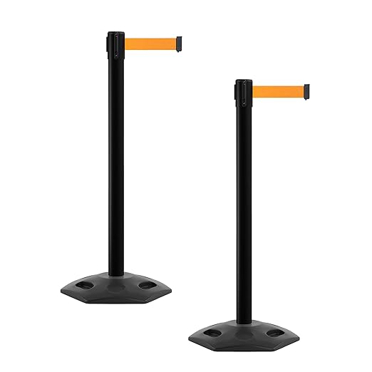 CCW Series WBB-200 Set of 2 Outdoor Safety Rubber Base Stanchion Retractable Belt Barriers - Easy to Assemble, No Tools Required (11 Foot Belt, Fluorescent Orange Belt with Black Post)