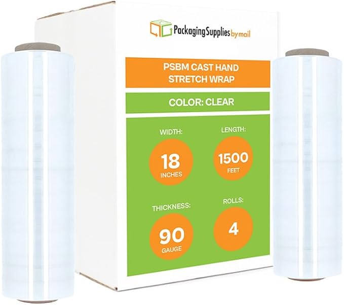 PSBM 4 Rolls 18 Inch x 1000 Feet 120 Gauge Stretch Film/Wrap, Heavy Duty Industrial Strength Up to 800% Ultimate Stretch, Clear Shrink Plastic Wrap for Moving, Packing, Shipping & Storage