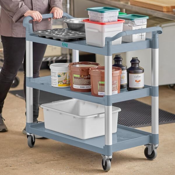 Gray Plastic Utility Cart with 3 Shelves, 42 x 20 Inch, 450 lb Capacity, Swivel Casters, for Restaurant Bussing and Commercial Use
