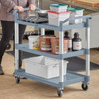 Gray Plastic Utility Cart with 3 Shelves, 42 x 20 Inch, 450 lb Capacity, Swivel Casters, for Restaurant Bussing and Commercial Use
