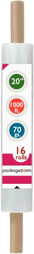 PackageZoom 20 inch x 1000 Feet Stretch Wrap Extended Core Handle, Clear Stretch Film, 16 Rolls