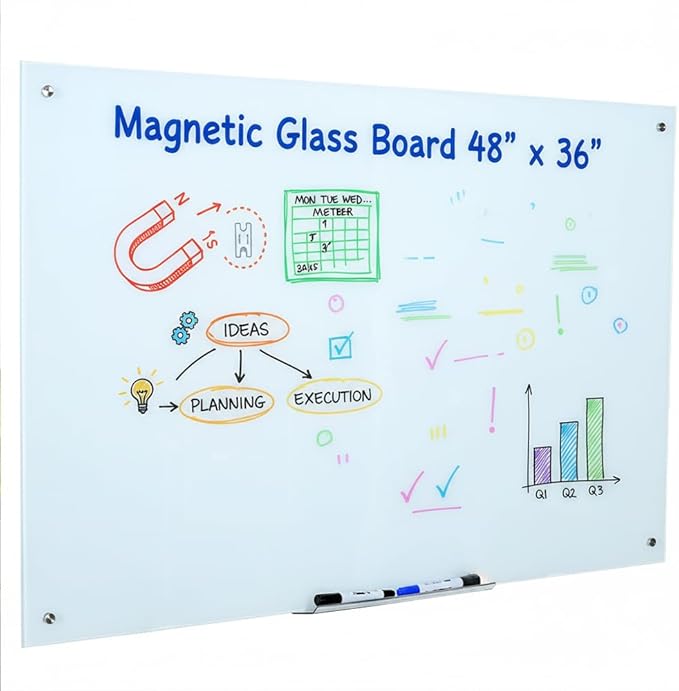 Magnetic Glass Whiteboard 48x36 Inches, Large Tempered Glass Dry Erase Board with Frameless Mounting, Premium Wall-Mounted Whiteboard for Office, Conference Room, Classroom & Home