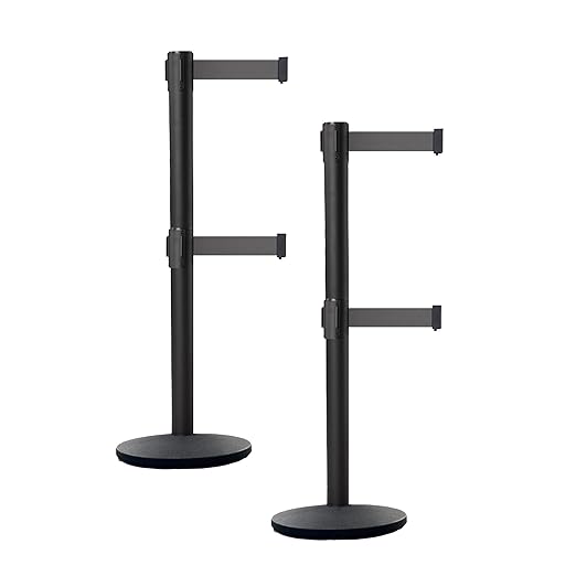 Crowd Control Warehouse CCW Set of 2 Dual Retractable Belt Barrier Stanchion, Cast Iron Base Black Post, IRBB-100D (11 Belt, Dark Grey Belt)