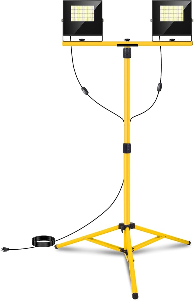 24000 Lumen Work Lights with Stand, 2 Adjustable Head LED Work Light with Adjustable and Foldable Tripod Stand, IP67 Waterproof Lamp Individual Switch with 16FT Cord for Outdoor Construction Lighting