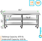 AmGood Stainless Steel Work Table with 2 Shelves and Casters | Metal Utility Table On Wheels (Stainless Steel, 84" Long x 30" Deep)