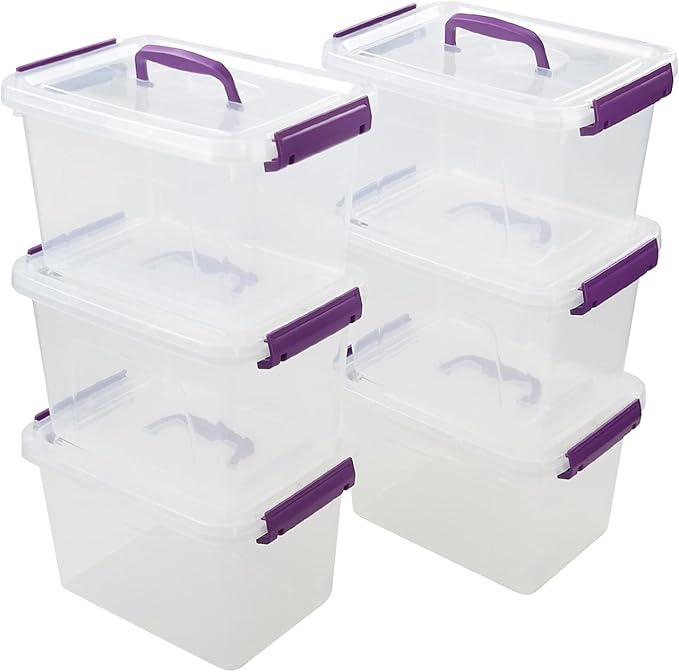 Sandmovie 6 Quart Clear Latching Box with Lid and Handles, Clear Plastic Storage Tote, 6 Packs