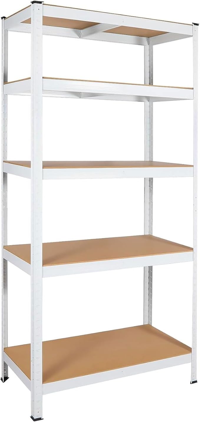 5-Tier Laminated White Metal Shelving Unit, Adjustable Heavy Duty Storage Rack for Garage, Pantry, Basement, Kitchen – 29" W x 12" D x 59" H – Multipurpose, Boltless Design