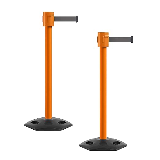 Montour Line MSR760 Set of 2 Retractable Belt Barrier Stanchion, Rubber Base, Orange Post (35 ft Dark Grey Belt)
