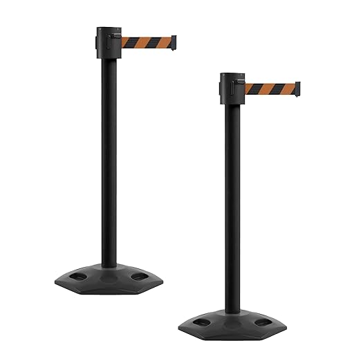 Montour Line MSR760 Set of 2 Retractable Belt Barrier Stanchion, Rubber Base, Black Powder Coated Post (35 ft Black and Orange Diagonal Belt)