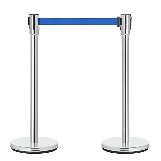 DuraSteel Chrome Crowd Control Barriers Stanchions with Retractable Belts - Metal Stanchion Posts w/ 6.5ft Blue Retractable Barrier Belt Ropes - Queue VIP Safety Line Dividers - Set of 2 Stantions