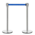 DuraSteel Chrome Crowd Control Barriers Stanchions with Retractable Belts - Metal Stanchion Posts w/ 6.5ft Blue Retractable Barrier Belt Ropes - Queue VIP Safety Line Dividers - Set of 2 Stantions