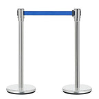 DuraSteel Chrome Crowd Control Barriers Stanchions with Retractable Belts - Metal Stanchion Posts w/ 6.5ft Blue Retractable Barrier Belt Ropes - Queue VIP Safety Line Dividers - Set of 2 Stantions