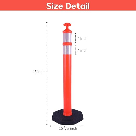 Reflective Rubber Base Traffic Delineator Post - Heavy-Duty Safety Bollards for Parking Lot Markers, Road Construction, Driveway Warning - with Reflective Strips (3 Pack - 45 Inch)