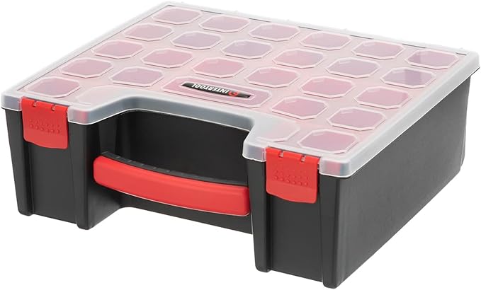 INTERTOOL Hardware Organizer with 7 Deep Removable Bins - Small Parts Storage Tool Box for Nuts, Bolts, Screws, Nails - Portable Handle Transparent Lid with Locks BX08-4032