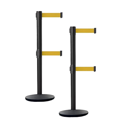 Crowd Control Warehouse CCW Set of 2 Dual Retractable Belt Barrier Stanchion, Cast Iron Base Black Post, IRBB-100D (11 Belt, Yellow Belt)