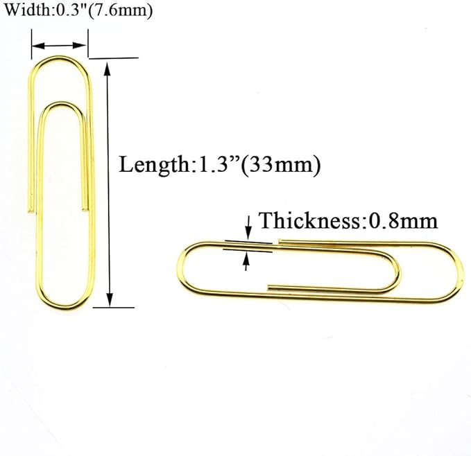 HAHIYO Paper Clips Sturdy 1.3 inches Length 180 Pack Paperclips Heavy Duty Tight Grip Rust Proof Reusable Metal Bright Gold for Home Office School