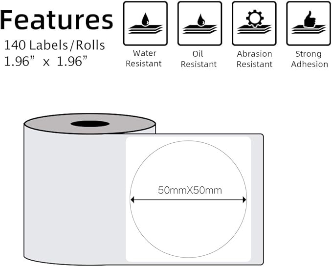 Phomemo Multi-Purpose Self-Adhesive Round Circle Label for Phomemo M110/M100/M220/M221/M108 Label Maker, 1.96" x 1.96"（50x50 mm） Thermal Labels for Barcode, DIY Logo Design, Black on White