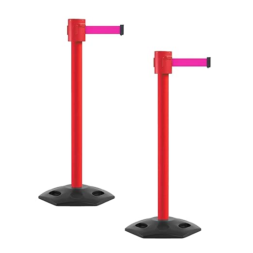 Montour Line MSR760 Set of 2 Retractable Belt Barrier Stanchion, Rubber Base, Red Post (35 ft Fluorescent Pink Belt)