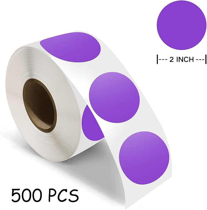500 PCS Dot Sticker Tape 2" Inch Round Color Coding Labels Removable Writable Circle Floor Decal for Marking Organizing Social Distancing Purple