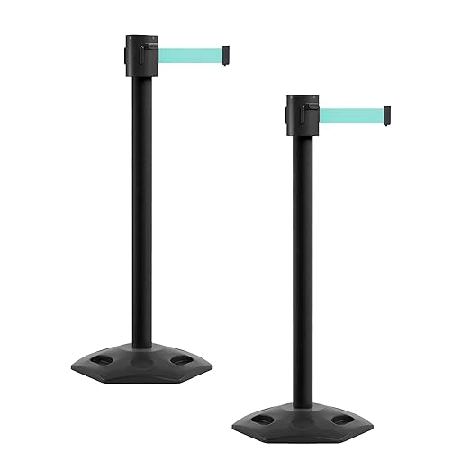 Montour Line MSR760 Set of 2 Retractable Belt Barrier Stanchion, Rubber Base, Black Powder Coated Post (35 ft Light Green Belt)