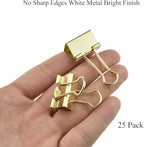 HAHIYO Binder Clips Paper Clamps Spring Steel Sturdy 0.98 inches Width 0.31 Inch Capacity No Sharp Edges Heavy Duty Tight Grip Reusable Gold Metal Bright Finish for Home Office School 25 Pack
