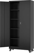 Metal Rolling Storage Cabinet-74.6” Tall Steel File Cabinets with Wheels Lockable Doors and Adjustable Shelves-Black Steel Storage Cabinet for Home, School, Office, Garage