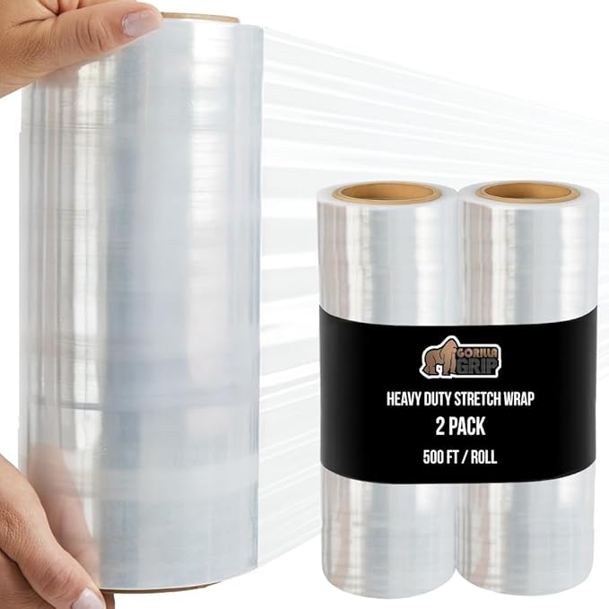 GORILLA GRIP 500% Stretch Film Heavy Duty Plastic, 2 Pack 500ft Shrink Wrap Rolls 10" Puncture Resistant, Industrial Strength for Pallet Storing, Wrapping, Moving, Packing Furniture Protection Clear
