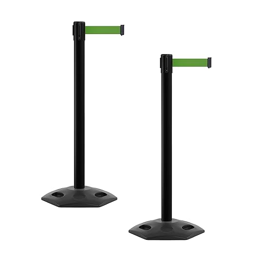 Crowd Control Warehouse CCW Series WBB-200 - Set of 2 Stanchion Retractable Belt Barriers - 11 Foot, Green Belt with Black Post - Easy Assembly