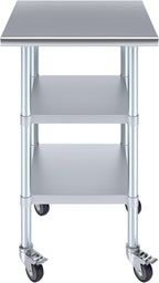 AmGood Stainless Steel Work Table with 2 Shelves and Casters | Metal Utility Table On Wheels (Stainless Steel Work Table with 2 Shelves + Casters, 24" Long x 24" Deep)