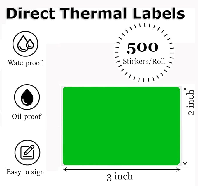 3" x 2" Thermal Labels Stickers Green, Thermal Printer Shipping Stickers, Multipurpose Inventory Self-Adhesive Direct Thermal Label for Small Business (500 Labels/Roll)