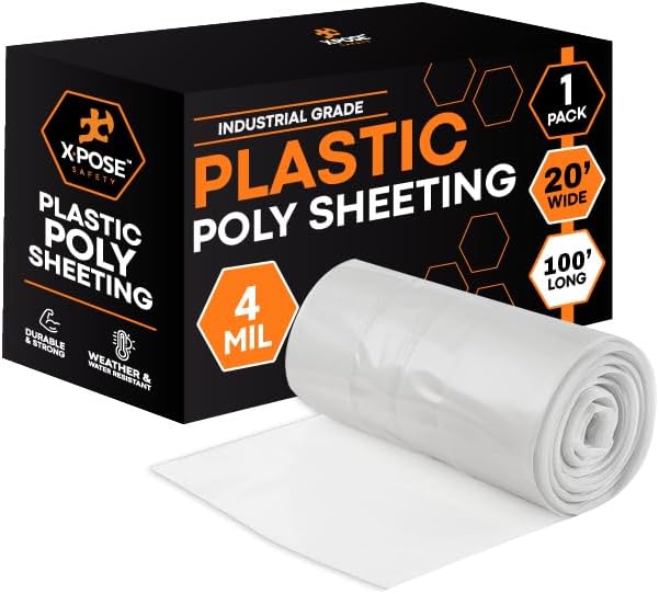 Xpose Safety Clear Plastic Sheeting – 20' x 100' Roll – Heavy Duty 4 Mil Poly Sheet – Waterproof, Dustproof, Vapor Barrier – for Construction, Painting, Industrial Us
