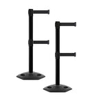 CCW Series WBB-200D - Set of 2 Retractable Dual Belt Barrier Stanchion, Heavy Duty Rubber Base, Black Post (9 Foot Belt, Black Belt)