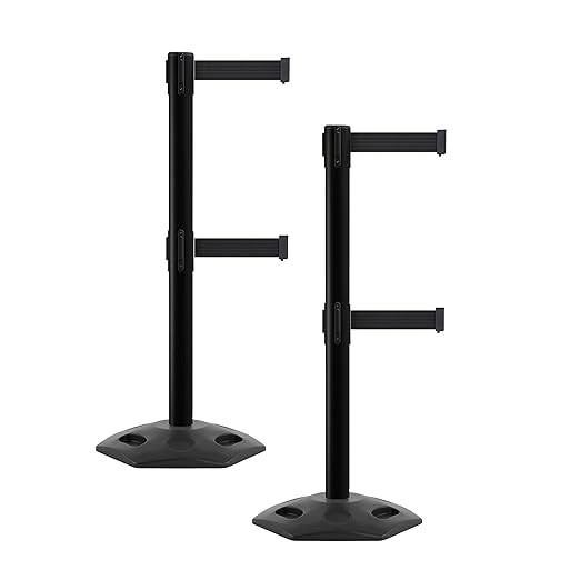 CCW Series WBB-200D - Set of 2 Retractable Dual Belt Barrier Stanchion, Heavy Duty Rubber Base, Black Post (11 Foot Belt, Black Belt)