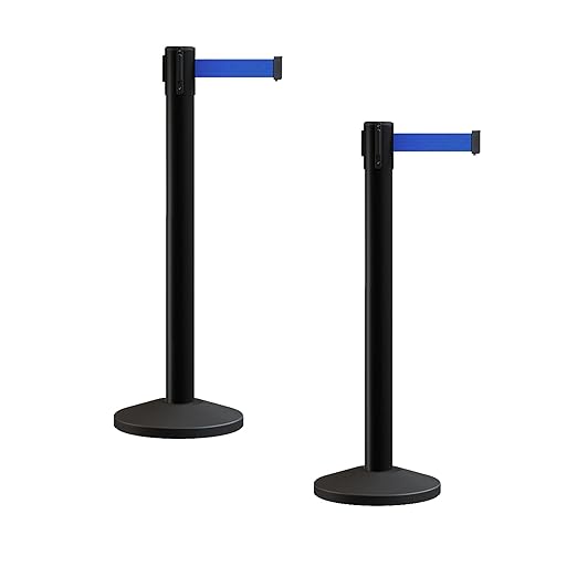 Crowd Control Warehouse CCW Series RBB-150 - Set of 2 Stanchion Retractable Belt Barriers - 16 Foot, Blue Belt with Black Steel Post - Easy Assembly