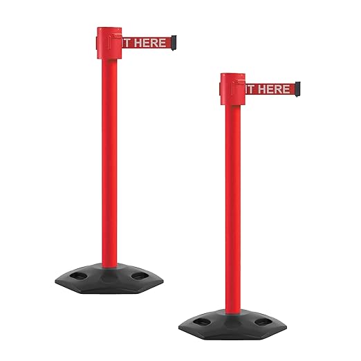 Montour Line MSR760 Set of 2 Retractable Belt Barrier Stanchion, Rubber Base, Red Post (35 ft Red with"Please Wait HERE" White Letters Belt)