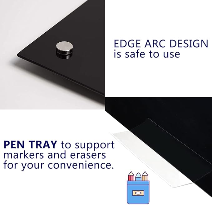 72" x 48" Black Extra Large Glass Whiteboard 6' x 4' Frameless Tempered Black Dry Erase Board with Marker Tray for Interactive Office, Wall Mounted Frosted Glass White Board