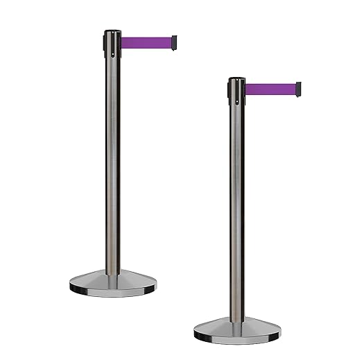 CCW Series RBB-100 - Set of 2 Stanchion Retractable Belt Barriers (7.5 Foot Belt, Purple Belt with Satin Stainless Steel Post)