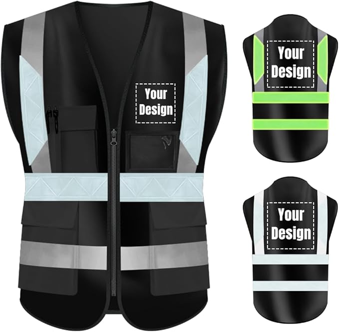 YOWESHOP High Visibility Safety Vest Custom Your Logo Protective Workwear 5 Pockets With Reflective Strips Outdoor Work Vest (2XL, Black Luminous)