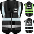 YOWESHOP High Visibility Safety Vest Custom Your Logo Protective Workwear 5 Pockets With Reflective Strips Outdoor Work Vest (XL, Black Luminous)