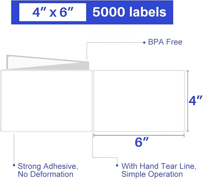 ESSENTIAL Fanfold 4" X 6" Direct Thermal Shipping Labels with Perforations, 5000 Labels, Permanent Adhesive - Compatible with Rollo & Zebra Printer