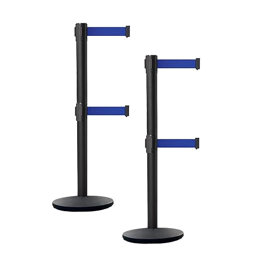 Crowd Control Warehouse CCW Set of 2 Dual Retractable Belt Barrier Stanchion, Cast Iron Base Black Post, IRBB-100D (7.5 Belt, Dark Blue Belt)