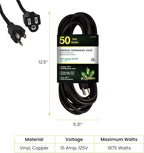 Go Green Power Inc. 14/3 50ft Black Outdoor Extension Cord - Robust, Heavy Duty - Perfect for Outdoor Tools & Equipment - GG-13850BK