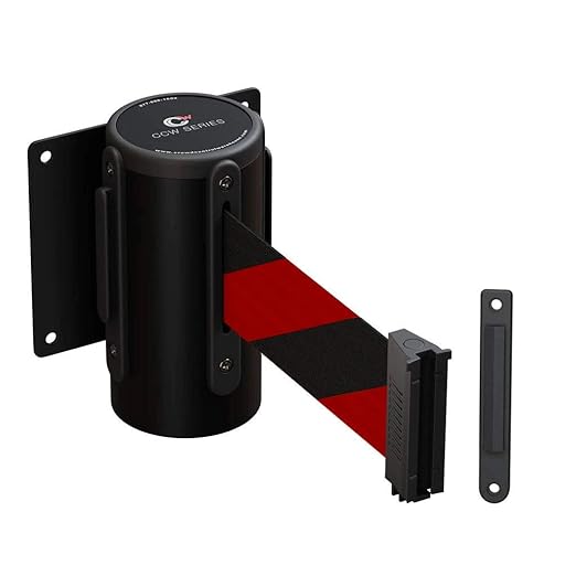 Crowd Control Warehouse - CCW Series WMB-125 Fixed Wall Mount Retractable Belt Barrier - 11 Foot, Black & Red Diagonal Stripes Belt with Black Steel Case