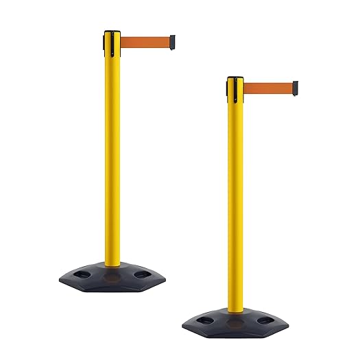 CCW Series WBB-200 Set of 2 Outdoor Safety Rubber Base Stanchion Retractable Belt Barriers - Easy to Assemble, No Tools Required (11 Foot Belt, Orange Belt with Yellow Post)
