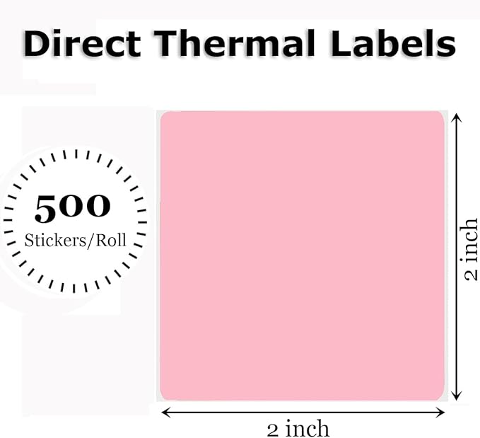 2" x 2" Thermal Labels Stickers Pink, Square Thermal Shipping Stickers, Multipurpose Inventory Self-Adhesive Direct Thermal Label for Small Business (500 Labels/Roll)