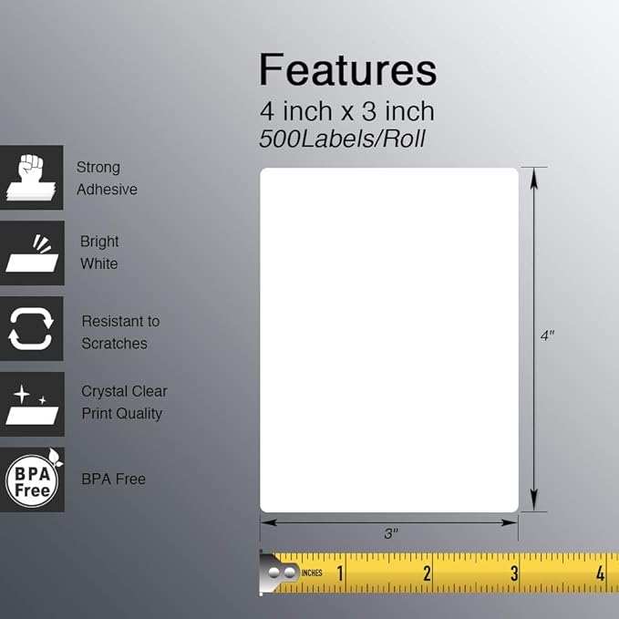 BETCKEY - 4" x 3" (102 mm x 76 mm) Shipping & Multipurpose Labels Compatible with Zebra & Rollo Label Printer,Premium Adhesive & Perforated [1 Rolls, 500 Labels]
