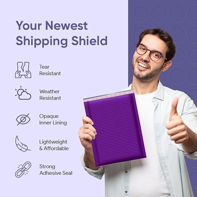Purple 8.5x14.5 Inch Poly Bubble Mailers #3 | Self Seal Large Padded Envelopes | Air Cushioned Bubble Mailer | Usable Size 8.5x13.5 Inch | Waterproof Lightweight Mailing Shipping Bags | 100 Pack Bulk